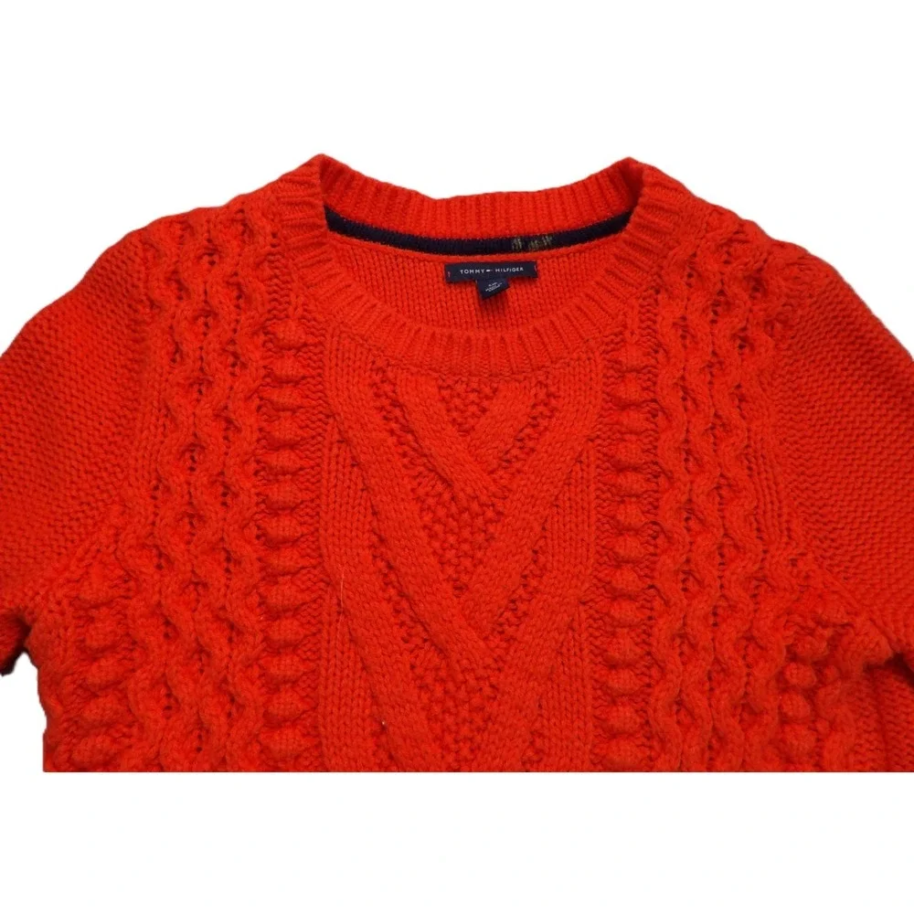 Tommy Hilfiger Cable Knit Sweater Women S Red Wool Blend Crewneck Pullover Logos